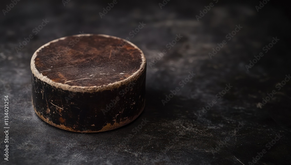 Worn, dark brown puck on dark surface. Worn, dark brown puck on dark surface.
