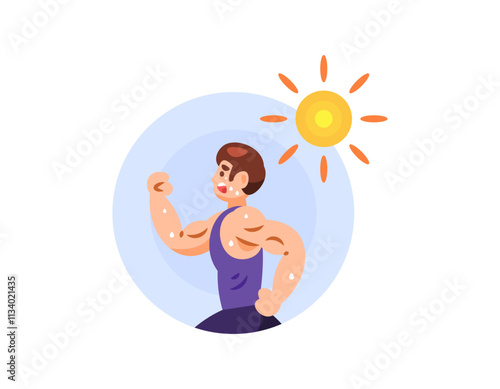 illustration of a man running under the hot sun. thirsty, running and sweating. exposed to the heat of the sun. facial expression. activity or exercise. flat style character design