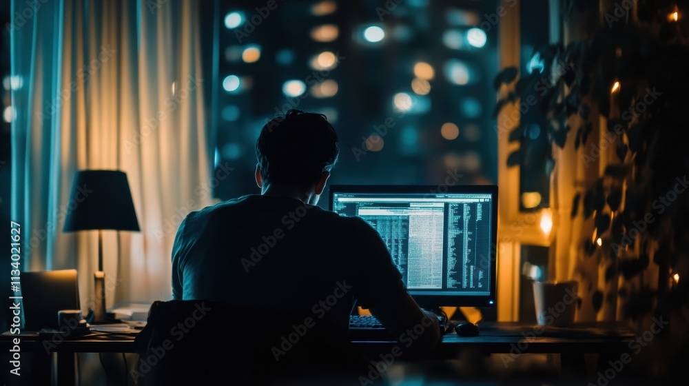 man working late on computer at night man working late on computer at night