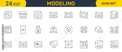 Set of Modeling outline icon set. Architectural planning icon collection. Planning, scheme, dimension, project, measurement, floor plan and more.