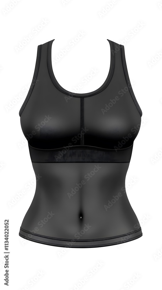 Black athletic top, racerback design, mesh panel, compression fit, women's workout clothing. Black athletic top, racerback design, mesh panel, compression fit, women's workout clothing.