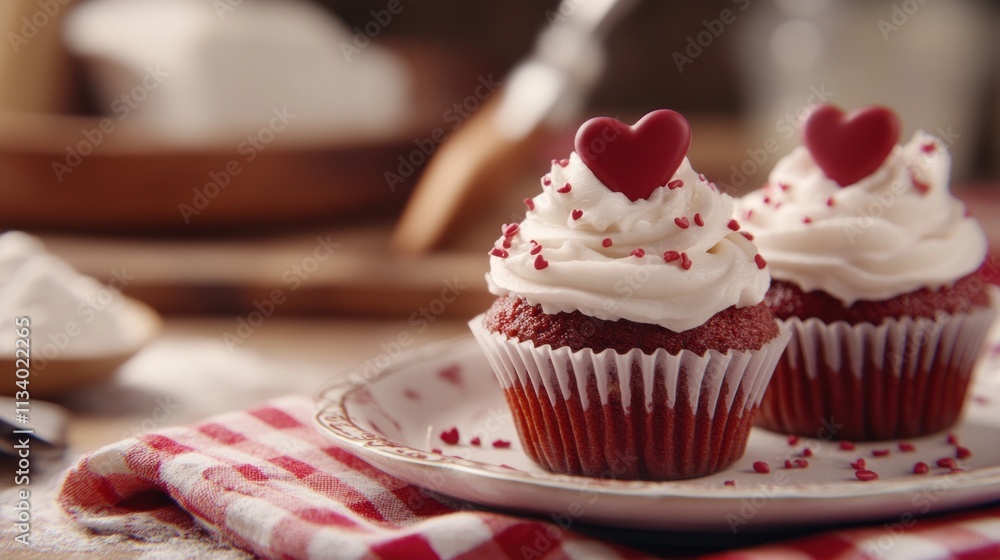 Two red velvet cupcakes with white frosting and heart-shaped candies on a plate. Two red velvet cupcakes with white frosting and heart-shaped candies on a plate.
