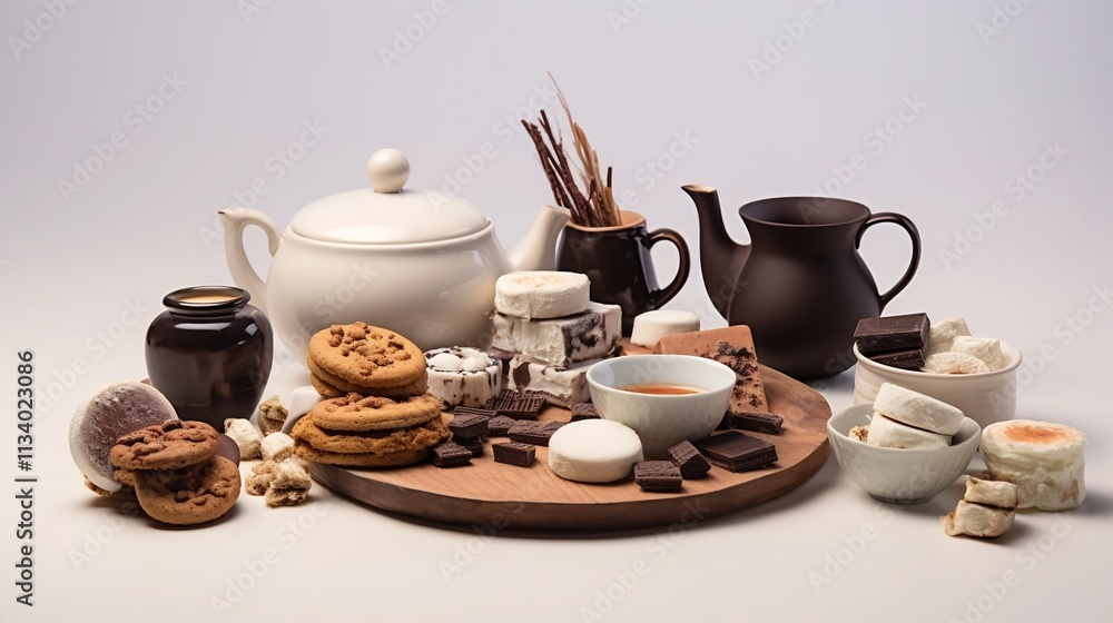 Cozy and indulgent winter spread featuring plump marshmallows and decadent chocolate covered cookies artfully arranged on a pristine white background Cozy and indulgent winter spread featuring plump marshmallows and decadent chocolate covered cookies artfully arranged on a pristine white background