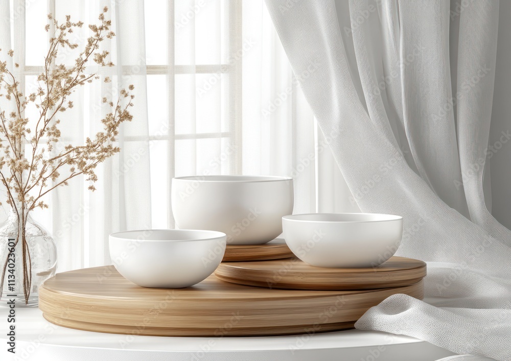 Three white bowls on wooden tray near window. Three white bowls on wooden tray near window.