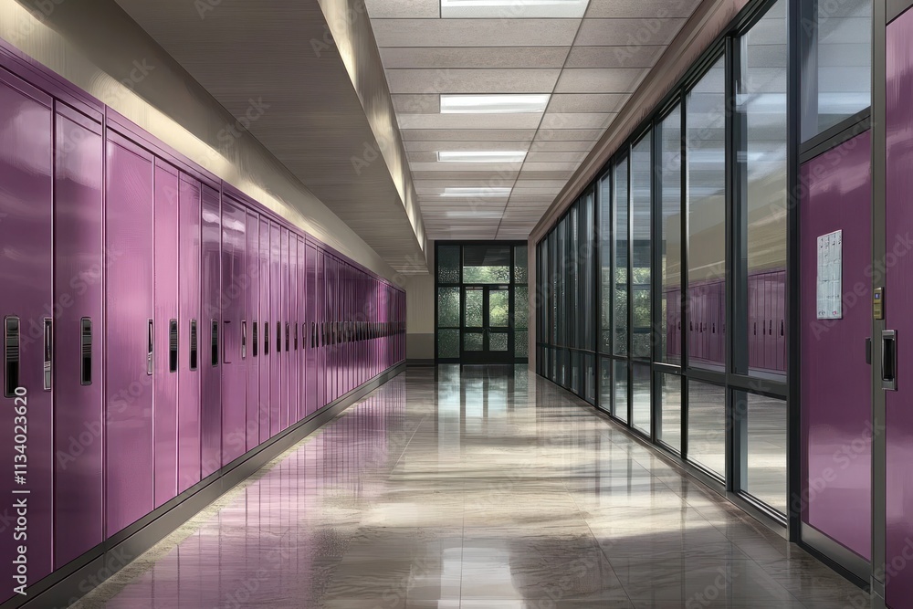 Empty school hallway with purple lockers and large windows. Empty school hallway with purple lockers and large windows.