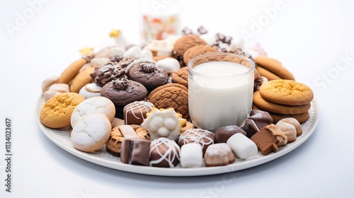 Festive cocoa powder marshmallows and holiday themed cookies arranged in a creative layout on a bright white background photographed from an overhead angle photo