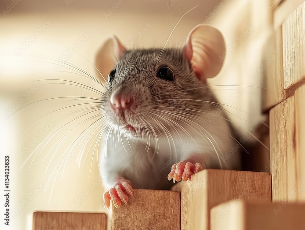 Fototapeta premium A close-up of a curious gray rat with prominent whiskers and pink paws, perched on the edge of a wooden maze, lit by warm natural light