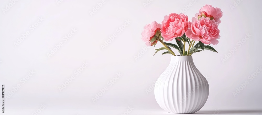 Pink peonies in a white ribbed vase against a white background. Pink peonies in a white ribbed vase against a white background.