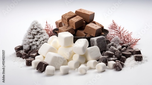 Festive arrangement of snowflake shaped marshmallows cocoa powder and assorted holiday themed scattered on a plain white backdrop captured from a front angle photo