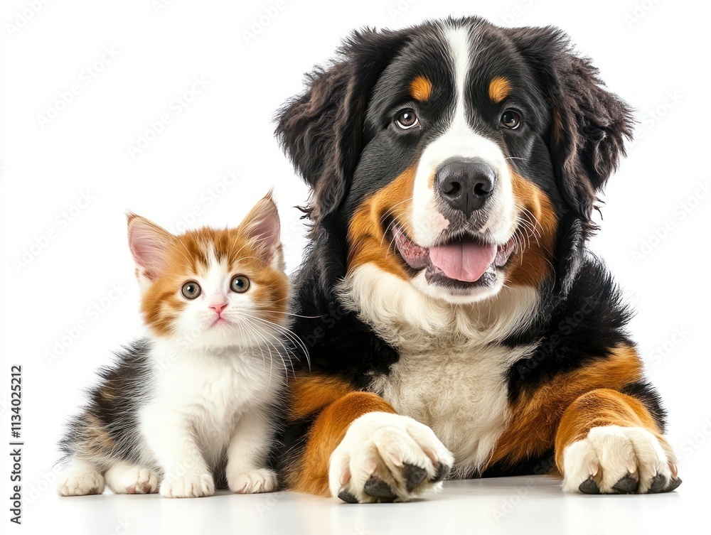 Happy Bernese Mountain Dog and kitten together. Happy Bernese Mountain Dog and kitten together.