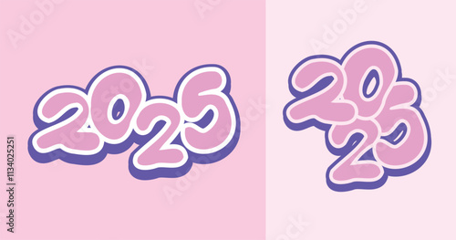 2025 Numbers Typography Set Bold Colorful Cartoon Bubble Lettering