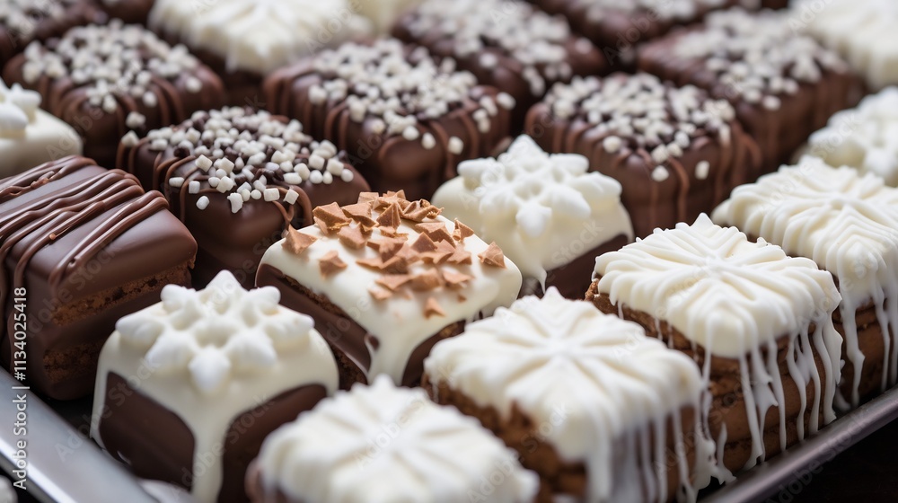 A visually captivating composition showcasing a white canvas adorned with perfectly crafted marshmallow snowflakes delectable chocolate covered cookies and a playful scattering of vibrant sprinkles A visually captivating composition showcasing a white canvas adorned with perfectly crafted marshmallow snowflakes delectable chocolate covered cookies and a playful scattering of vibrant sprinkles