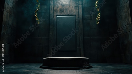 A mysterious, dimly lit interior featuring a circular platform and a blank wall, perfect for use in fantasy themes, promotional materials for events, or visual storytelling in video games,