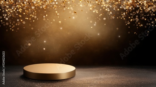 A sparkling golden podium set against a radiant background filled with shimmering light, Ideal for showcasing awards, products, or achievements, perfect for promotional materials or event graphics,