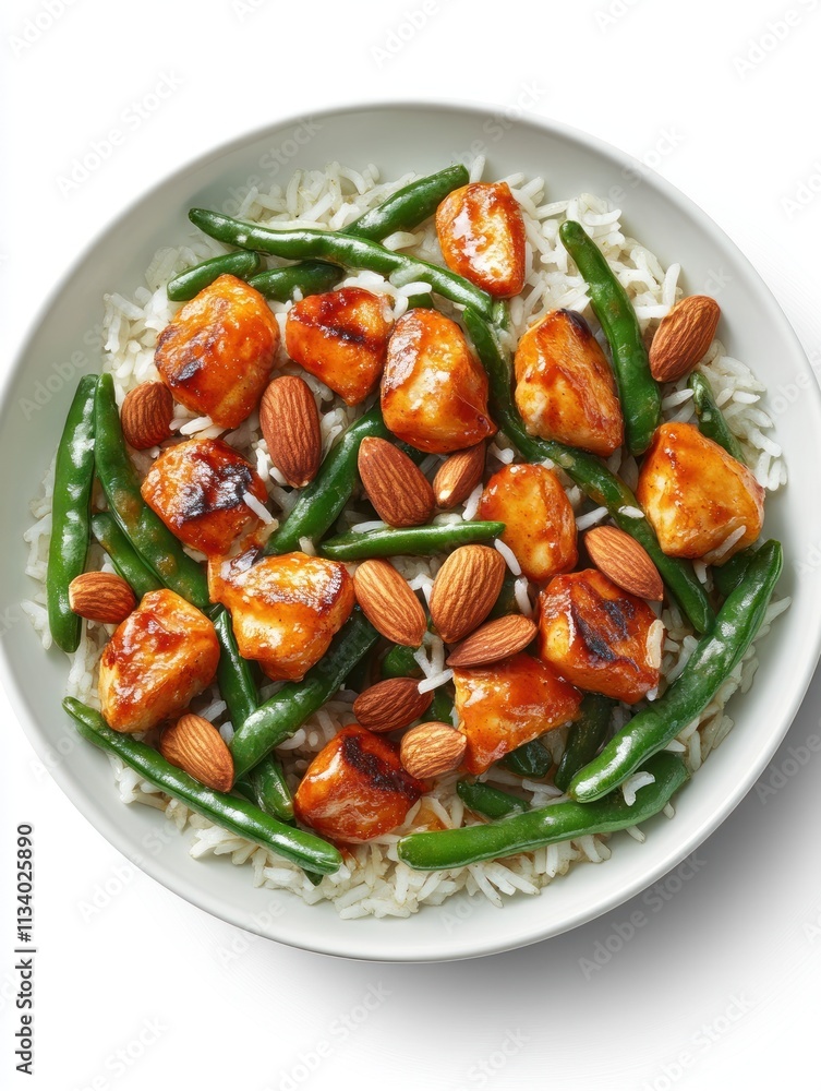 A bowl of rice topped with chicken, green beans, and almonds in a savory sauce. A bowl of rice topped with chicken, green beans, and almonds in a savory sauce.