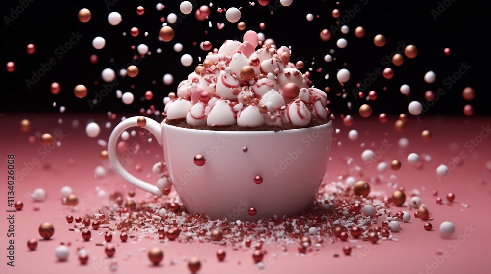 Cozy and festive winter scene with a decorative white canvas background featuring irregularly arranged cocoa cups snowflake marshmallows Cozy and festive winter scene with a decorative white canvas background featuring irregularly arranged cocoa cups snowflake marshmallows