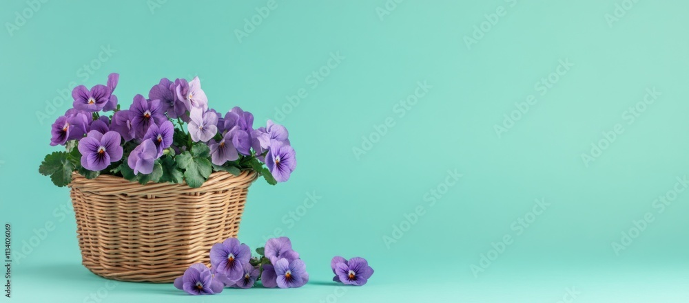 Purple pansies in a wicker basket on a teal background. (1) Purple pansies in a wicker basket on a teal background. (1)
