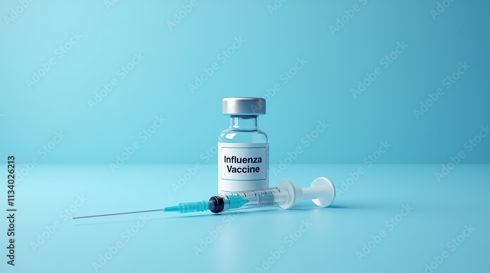 Influenza Vaccine Vial and Syringe on Blue Background Influenza Vaccine Vial and Syringe on Blue Background