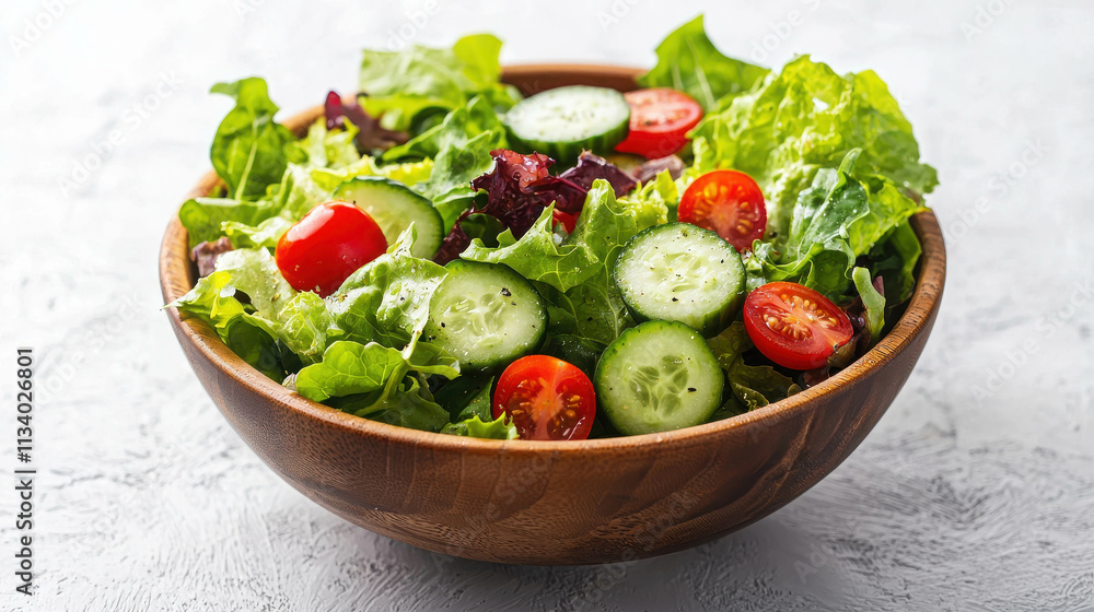 Fresh Green Salad with Mixed Lettuce and Cherry Tomatoes in Wooden Bowl Fresh Green Salad with Mixed Lettuce and Cherry Tomatoes in Wooden Bowl