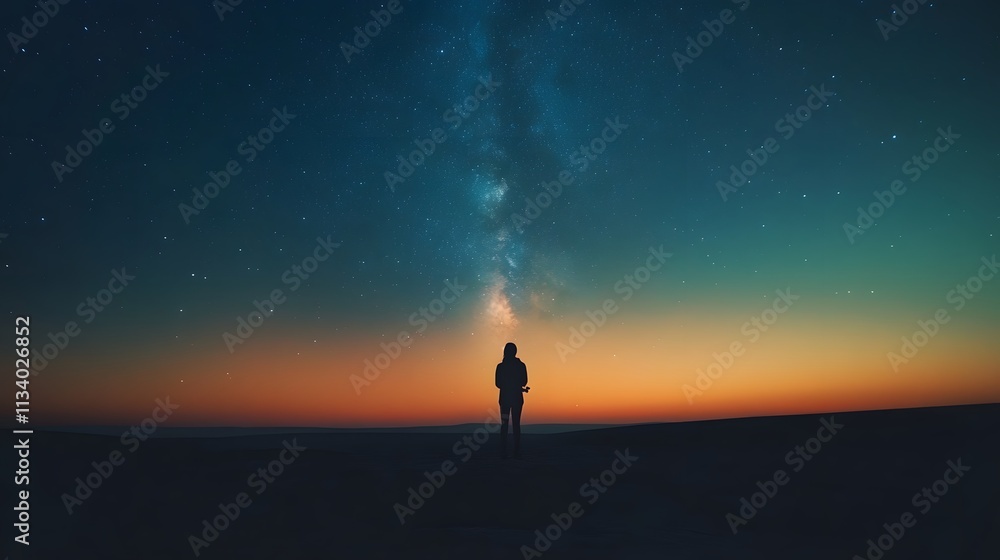 Fototapeta premium Solitary Figure Silhouetted Against A Starry Night Sky