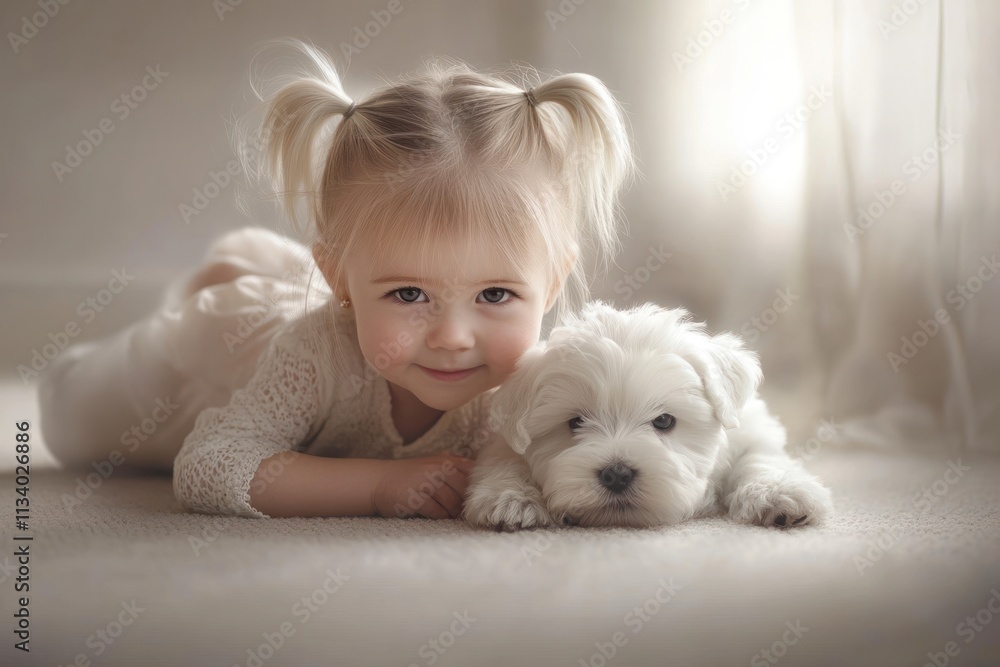 Adorable toddler girl cuddling a fluffy white puppy on a carpet. Adorable toddler girl cuddling a fluffy white puppy on a carpet.