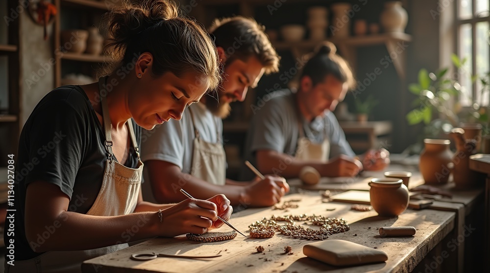 Fototapeta premium Local Artisans Skillfully Crafting Unique Pieces in a Sunlit Workshop