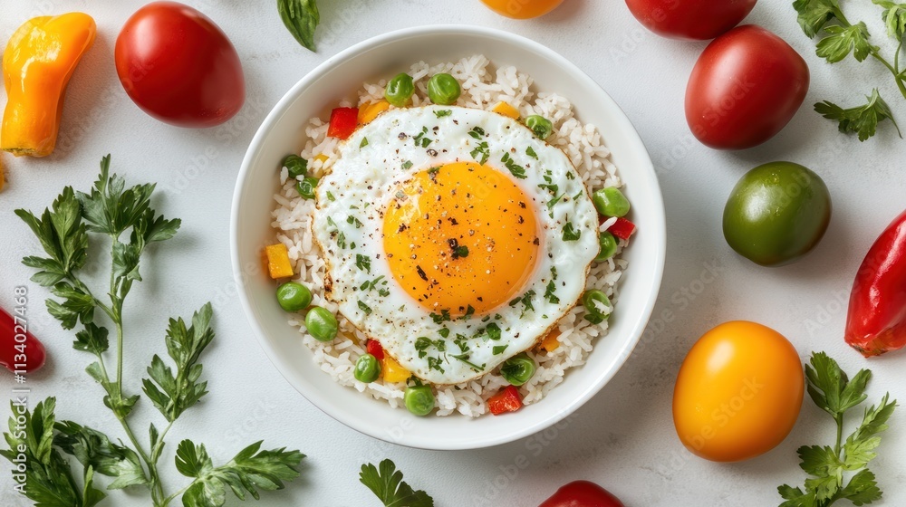 A bowl of rice topped with a fried egg and colorful vegetables, garnished with herbs. A bowl of rice topped with a fried egg and colorful vegetables, garnished with herbs.