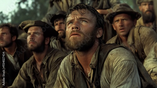 A group of men in period clothing, looking upwards with anticipation or concern. Their expressions are serious and intense.