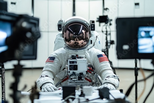 a man in a space suit sitting in front of televisions