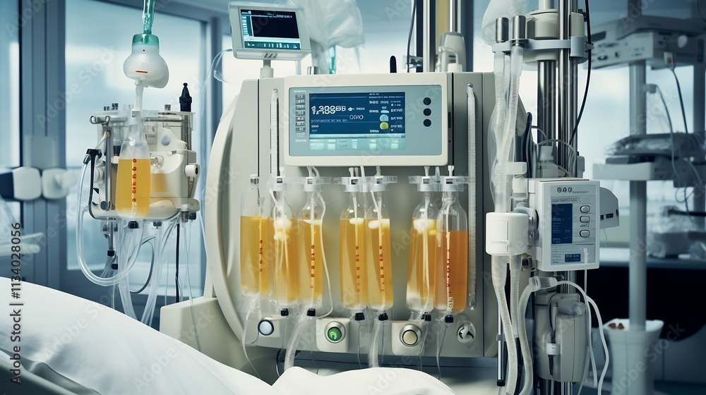 Detailed View of an Intricate Dialysis Setup Featuring Complex Tubing and Fluid Dynamics Showcasing a Bright and Clean Medical Equipment Design Detailed View of an Intricate Dialysis Setup Featuring Complex Tubing and Fluid Dynamics Showcasing a Bright and Clean Medical Equipment Design