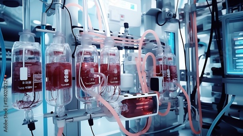 Focused view showcasing the details of a localized dialysis treatment process highlighting the visible fluid exchange taking place in both European and American medical facility styles photo