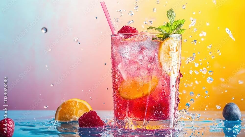 Refreshing Summer Drink with Berries and Citrus Splashing in Glass Refreshing Summer Drink with Berries and Citrus Splashing in Glass