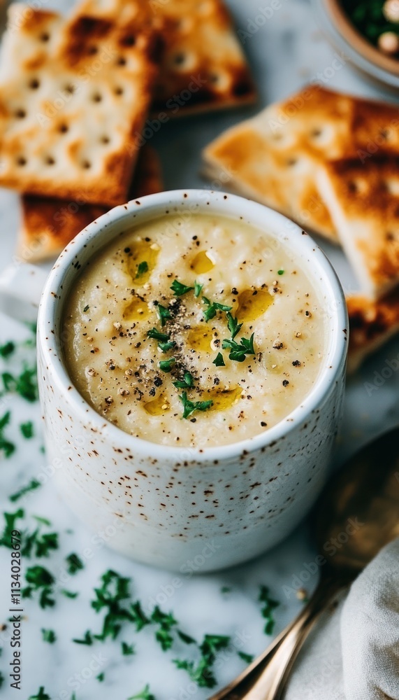 A creamy soup garnished with herbs, served with crackers on a marble surface. A creamy soup garnished with herbs, served with crackers on a marble surface.