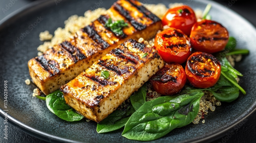 grilled tofu with quinoa roasted tomatoes and spinach grilled tofu with quinoa roasted tomatoes and spinach