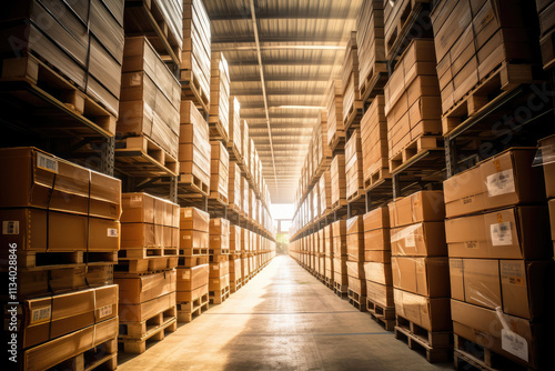 Modern Warehouse Aisle with Stacked Goods