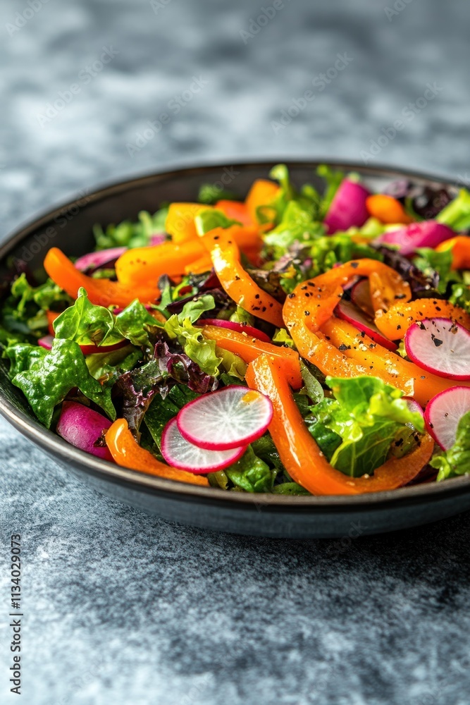 A vibrant salad featuring fresh greens, bell peppers, and radishes in a black bowl. A vibrant salad featuring fresh greens, bell peppers, and radishes in a black bowl.