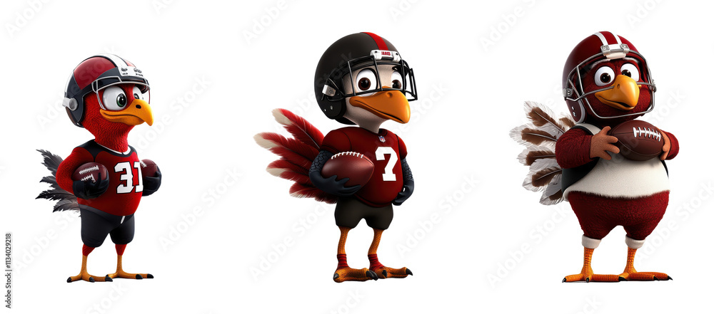 Obraz premium Set of Cartoon turkey dressed as a football player holding a football isolated on transparent background