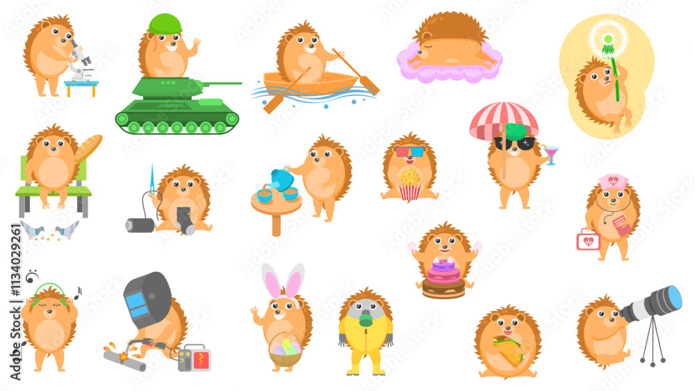 Obraz premium Set Abstract Collection Flat Cartoon Different Animal Hedgehogs Vector Design Elements Fauna Wildlife