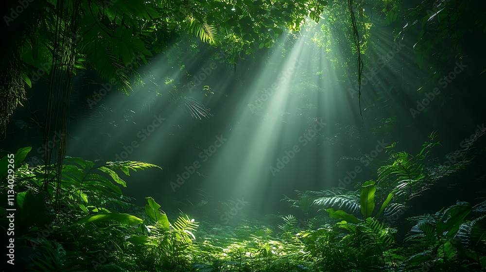 Sunbeams Illuminate Lush Tropical Rainforest Canopy Sunbeams Illuminate Lush Tropical Rainforest Canopy