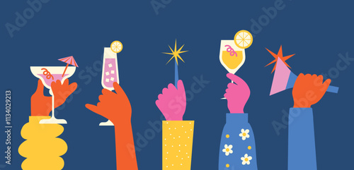 Festive Hands Holding Drinks and Party Items with Bold Colors and Playful Illustration