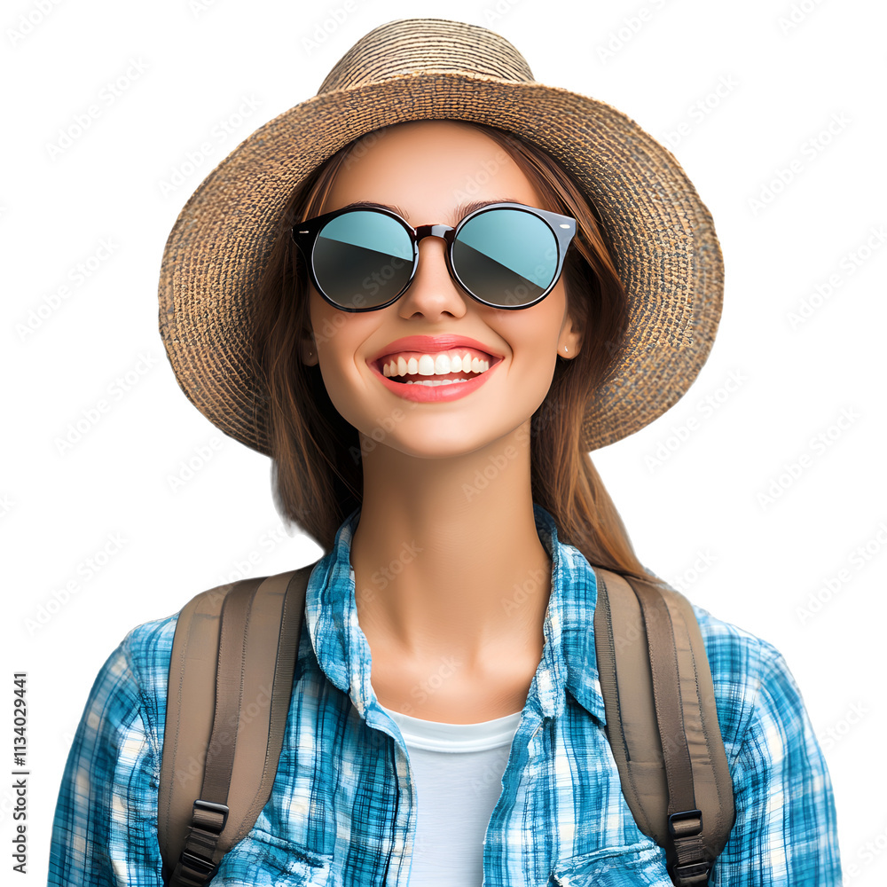 Woman wearing sunglasses, cowboy hat with a backpack isolated on transparent background, cutout Woman wearing sunglasses, cowboy hat with a backpack isolated on transparent background, cutout