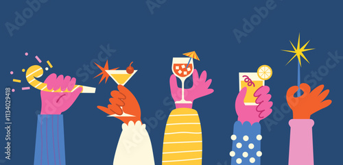 Festive Hands Holding Drinks and Party Items with Bold Colors and Playful Illustration