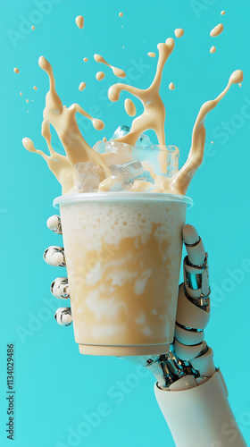 A white robotic hand holding a cup of splashing ice latte on pastel blue background. Wallpaper or poster print.