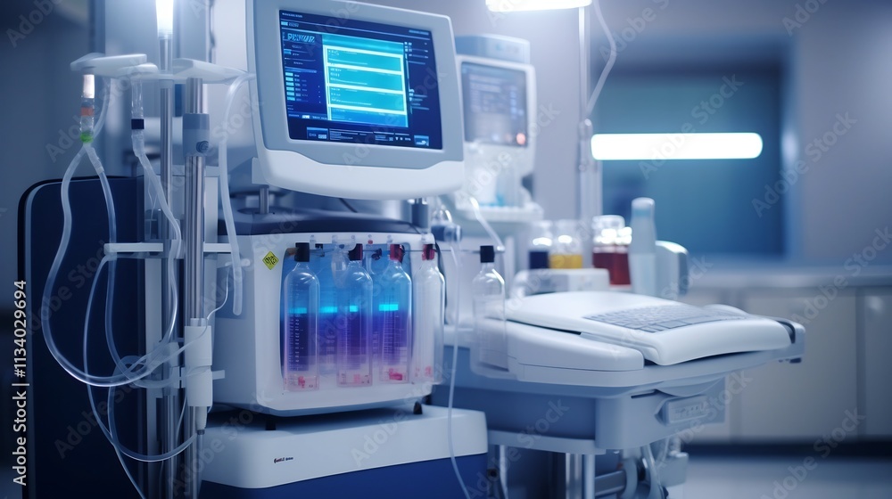 Detailed and clean image of a dialysis machine and associated tubing setup prepared for localized medical treatment Detailed and clean image of a dialysis machine and associated tubing setup prepared for localized medical treatment