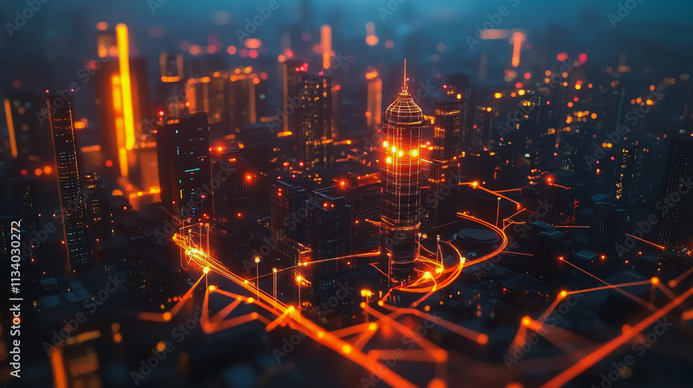 Obraz premium Smart digital Innovation city with connection network reciprocity over the cityscape. of future smart wireless digital city and social media networking systems that connects people with in city