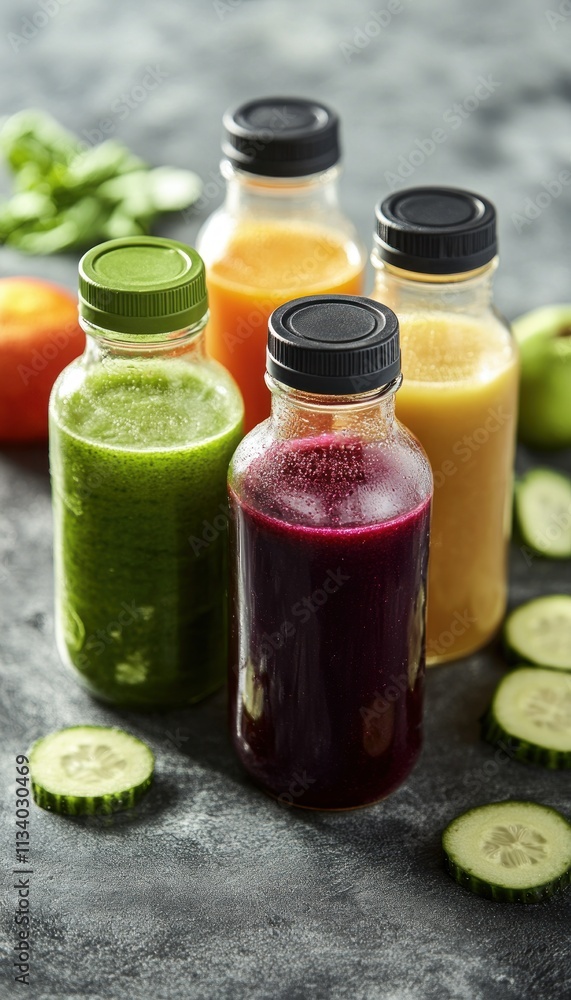 Four colorful juice bottles with fresh ingredients and cucumber slices on a textured surface. Four colorful juice bottles with fresh ingredients and cucumber slices on a textured surface.
