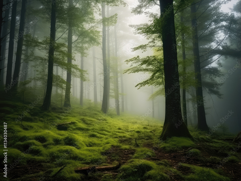 Obraz premium Enchanting Misty Woods in Ethereal Morning Light