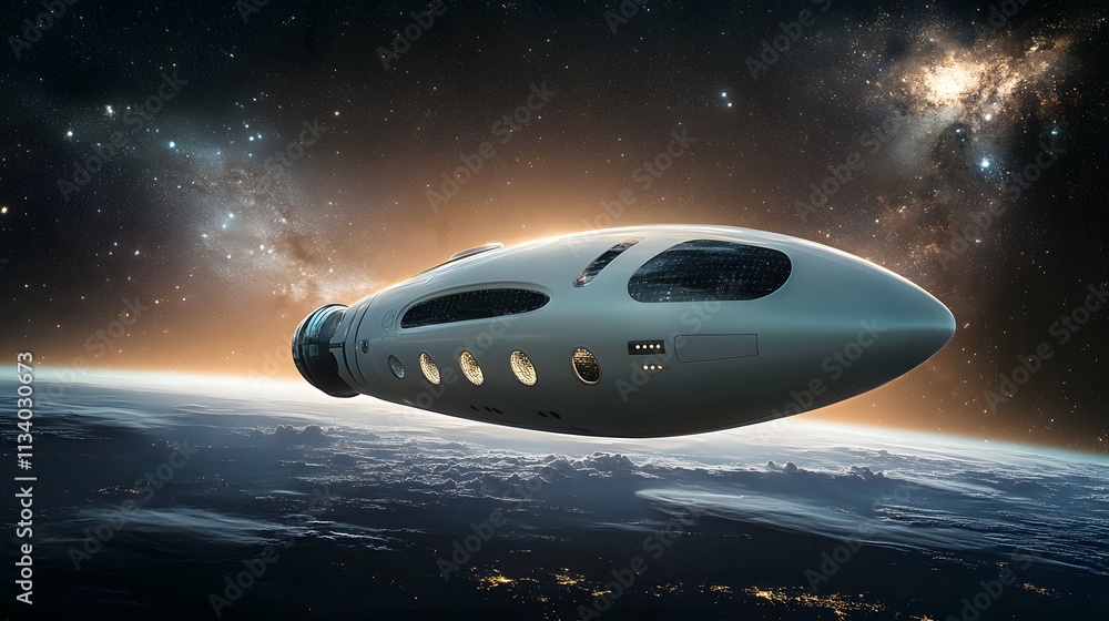 Futuristic Spaceship Soaring Above Earth In Space Futuristic Spaceship Soaring Above Earth In Space