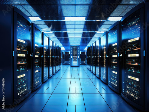 Modern Data Center Server Room with Blue LED Lights