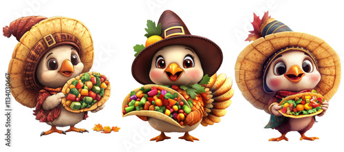 Set of Cartoon turkey in pilgrim hat holding vegetable taco isolated on transparent background